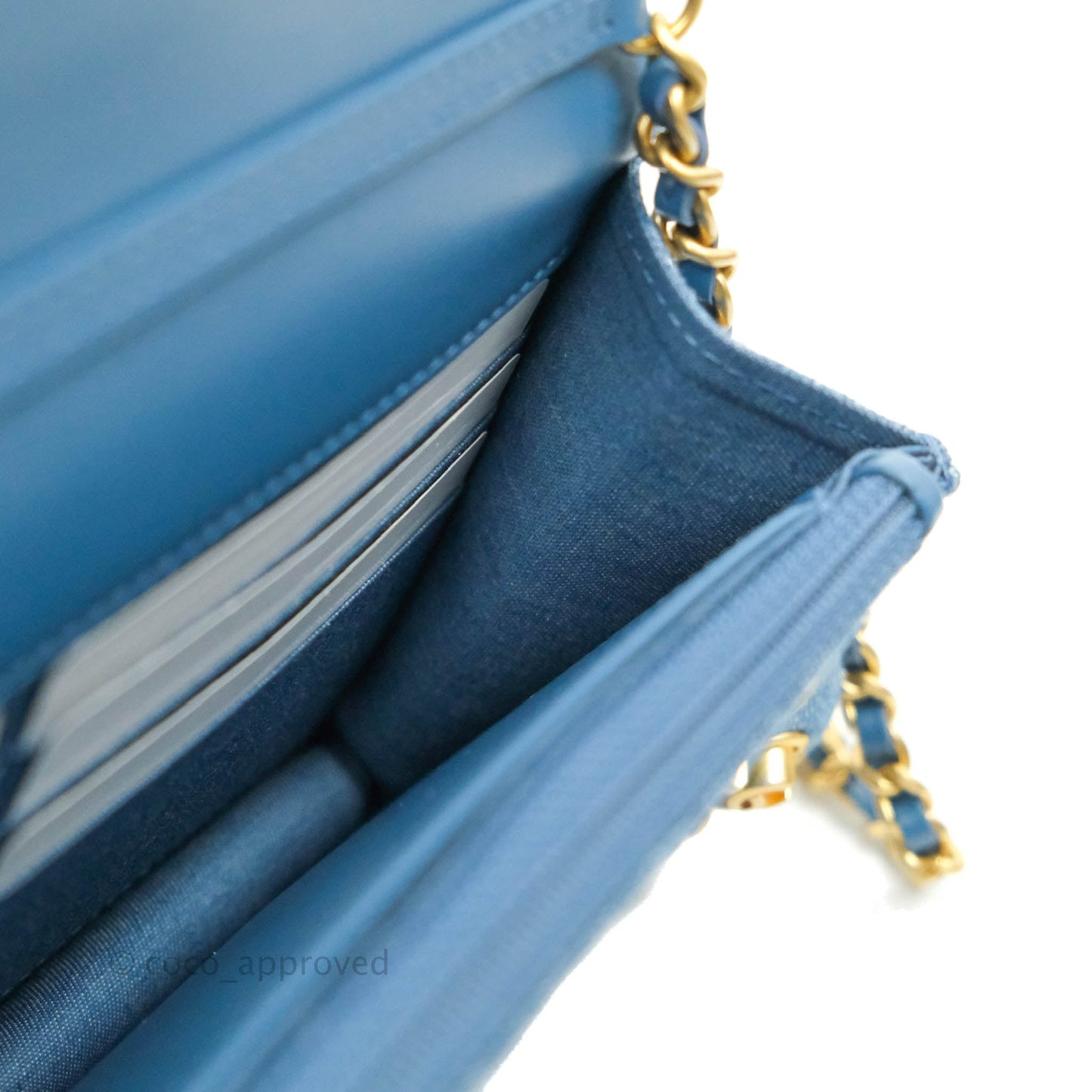 Chanel Quilted Pearl Crush Wallet on Chain WOC Denim Aged Gold Hardware