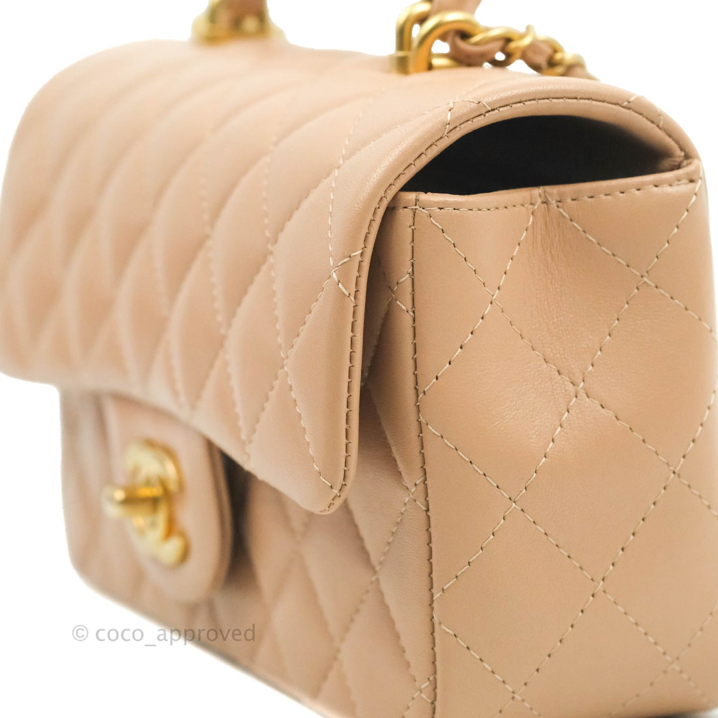 Chanel Top Handle Mini Rectangular Flap Bag Beige Lambskin Aged Gold Hardware
