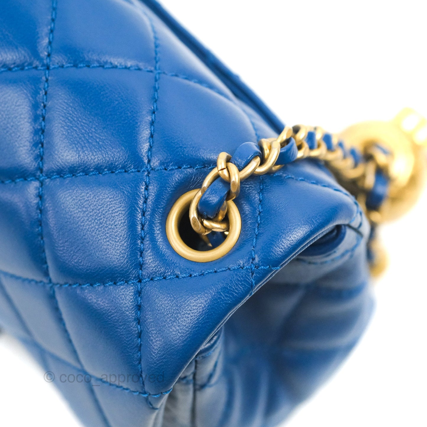 Chanel Mini Square Pearl Crush Quilted Blue Lambskin Aged Gold Hardware