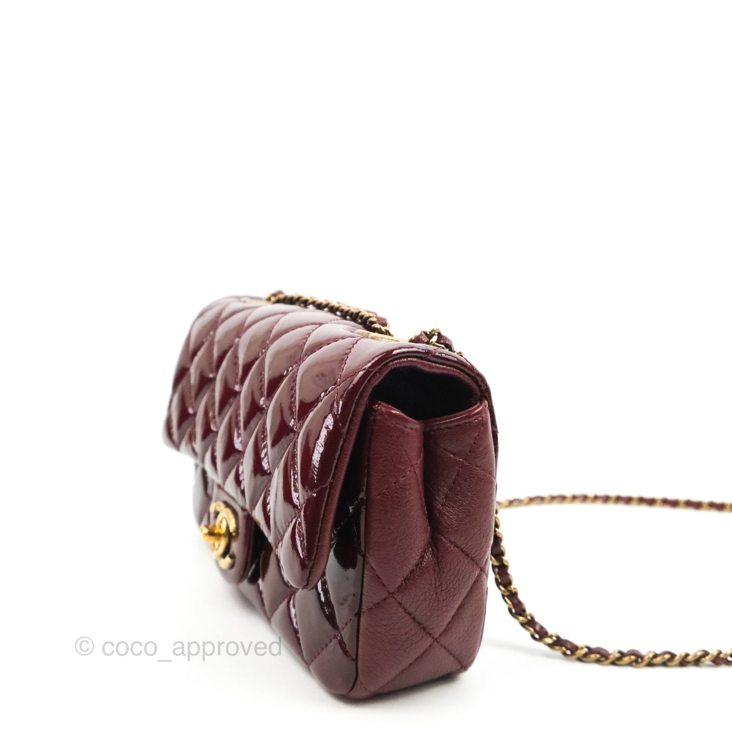 Chanel Quilted CC Eyelet Flap Burgundy Patent Goatskin Antique Gold Hardware