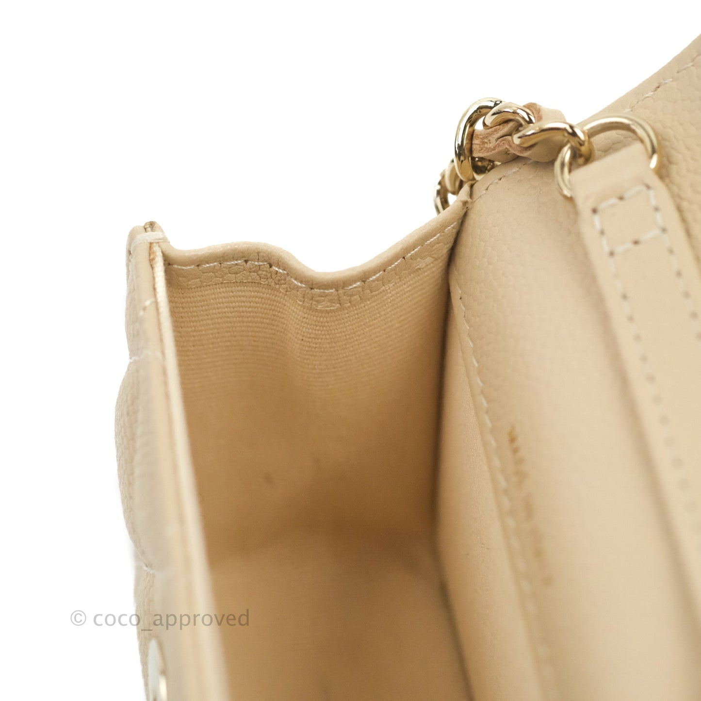 Chanel Quilted Card Holder with CC Chain Beige Caviar Gold Hardware