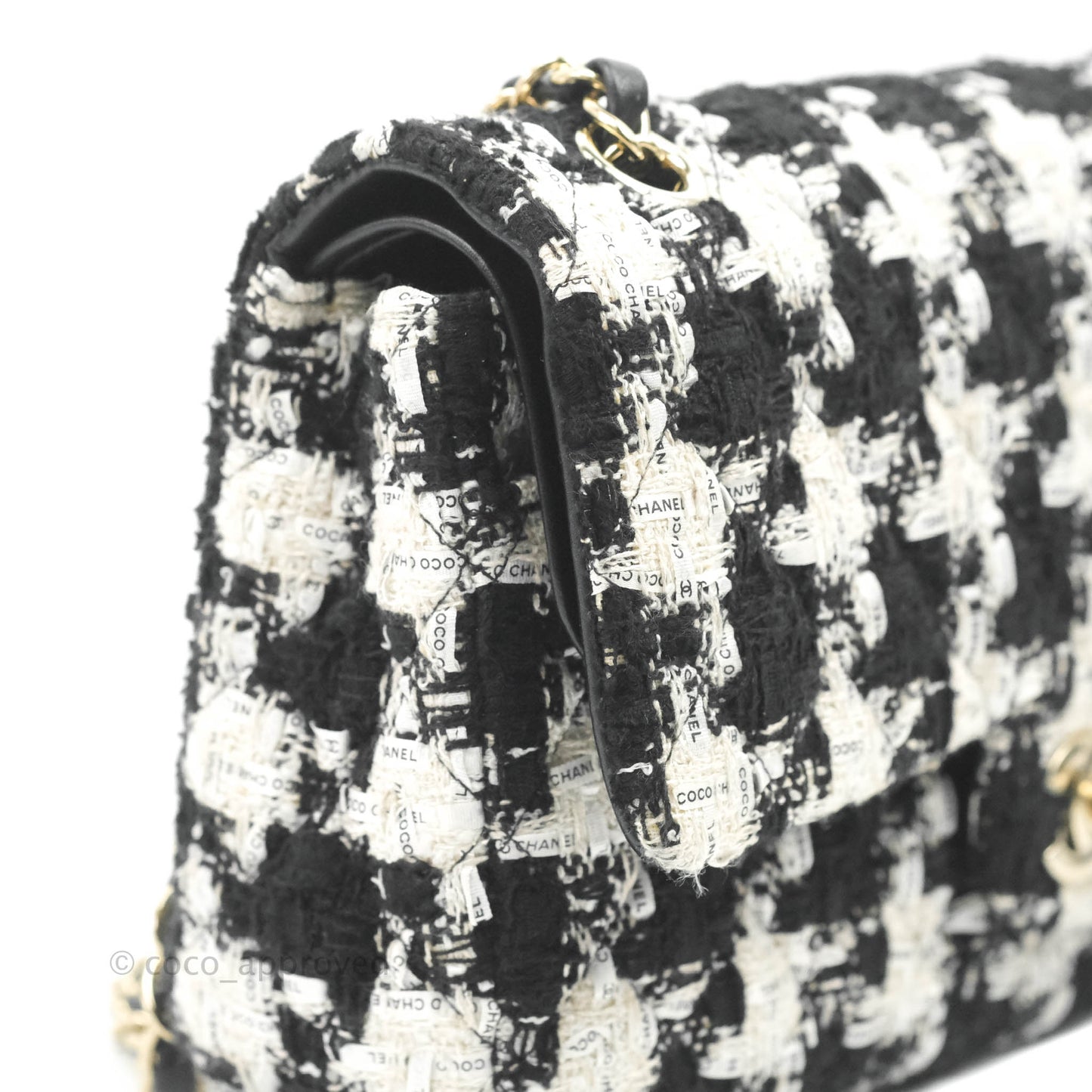 Chanel Quilted M/L Medium Double Flap Black White Houndstooth Tweed Gold Hardware