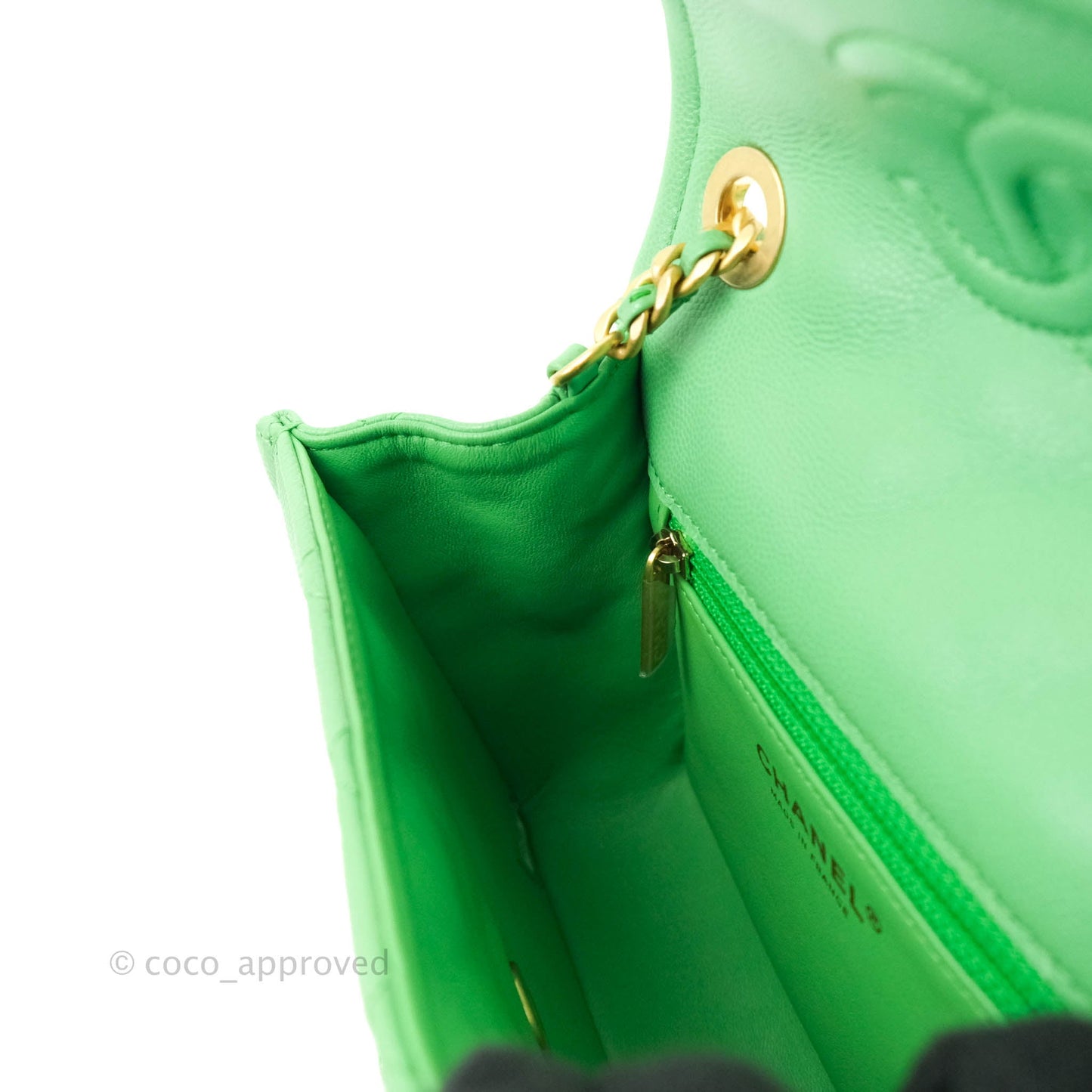 Chanel Mini Square Sweet Quilted Flap Green Caviar Aged Gold Hardware 21P