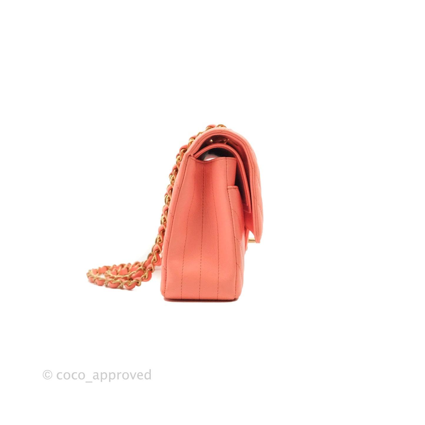 Chanel Classic M/L Medium Chevron Double Flap Coral Pink Lambskin Aged Gold Hardware