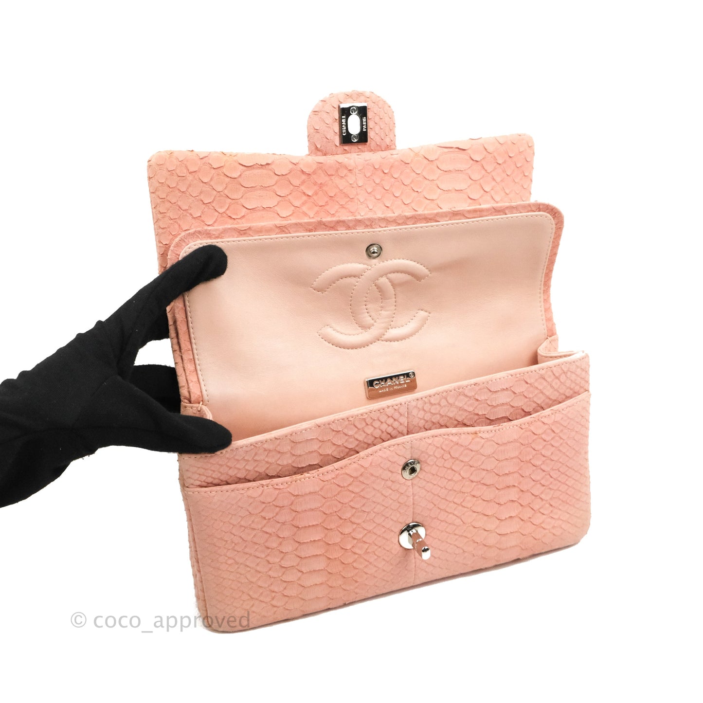 Chanel Classic M/L Medium Flap Quilted Pink Python Silver Hardware