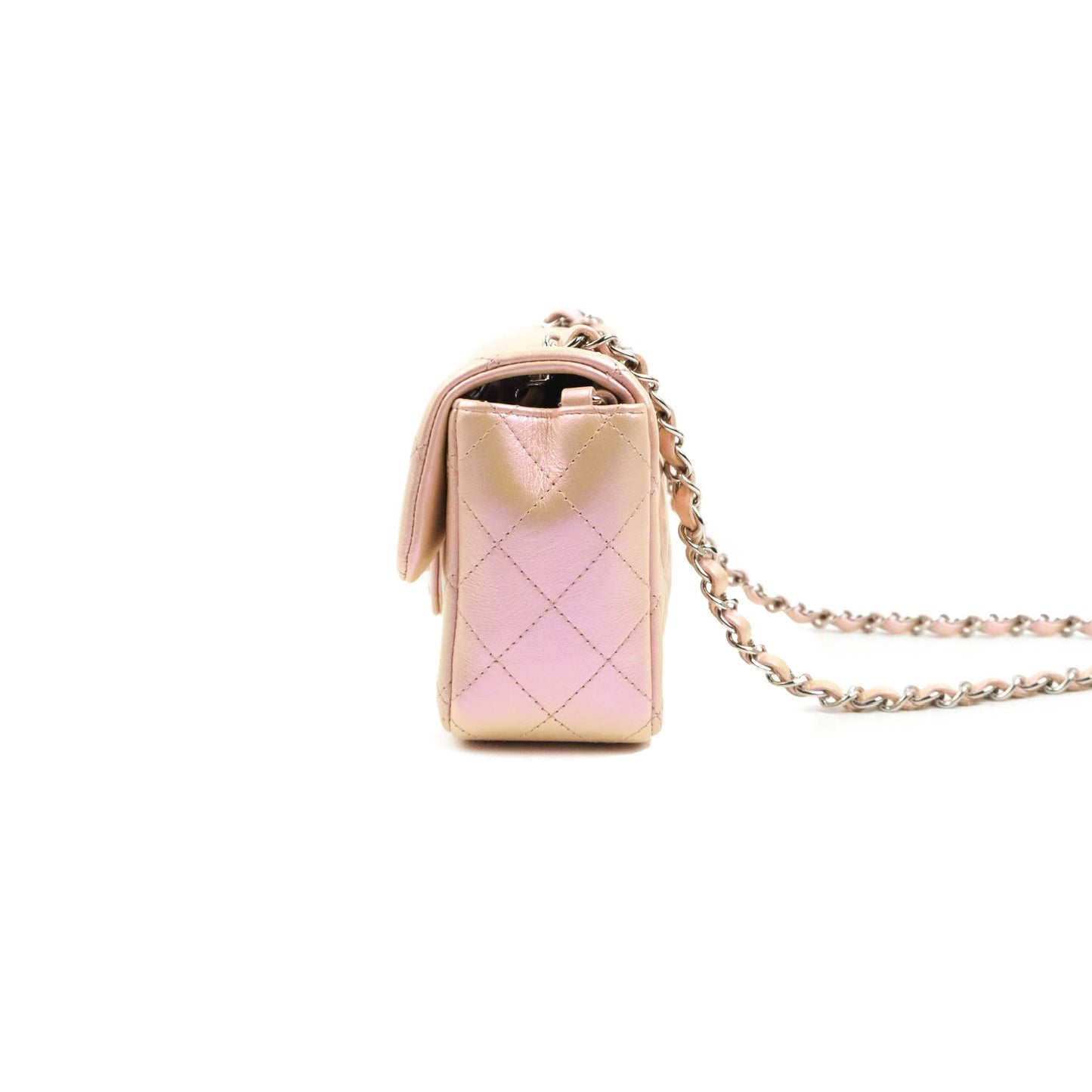 Chanel Quilted Mini Rectangular Flap Iridescent Pink Calfskin Silver Hardware