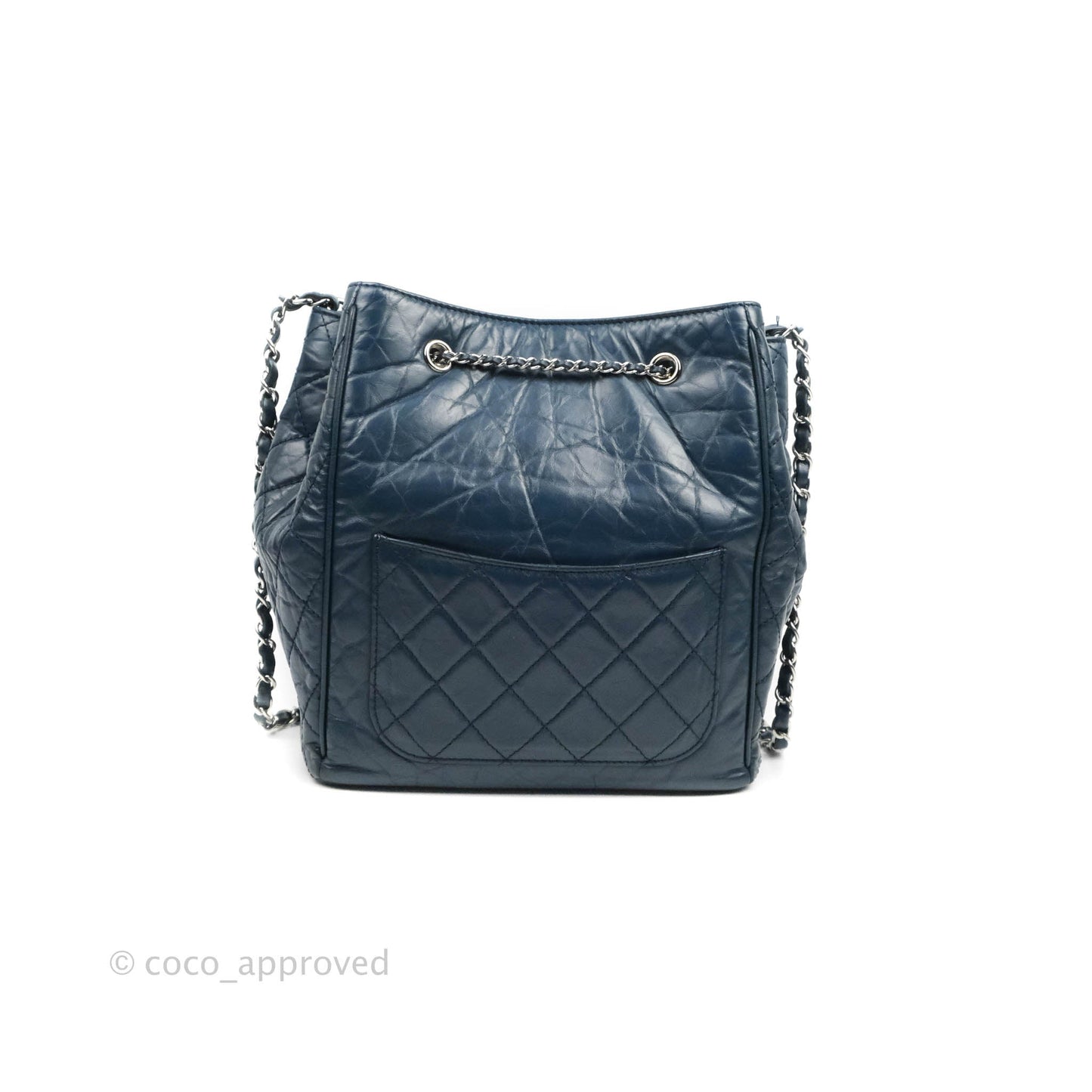 Chanel Drawstring Bucket Bag Dark Blue Aged Calfskin Silver Hardware