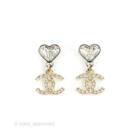 Chanel Crystal Heart CC Drop Earrings Silver Tone 23S