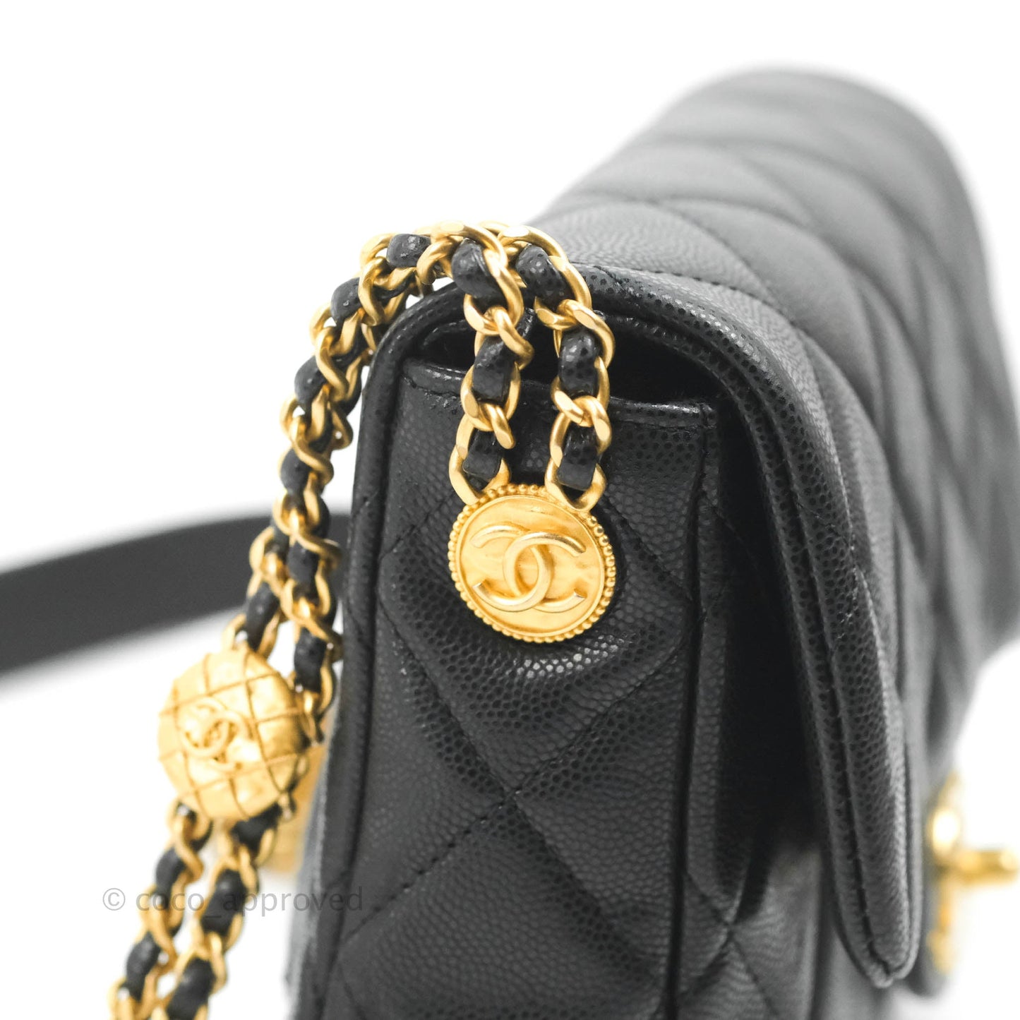 Chanel Small Buttons Gold Coins Flap Bag Black Caviar Aged Gold Hardware