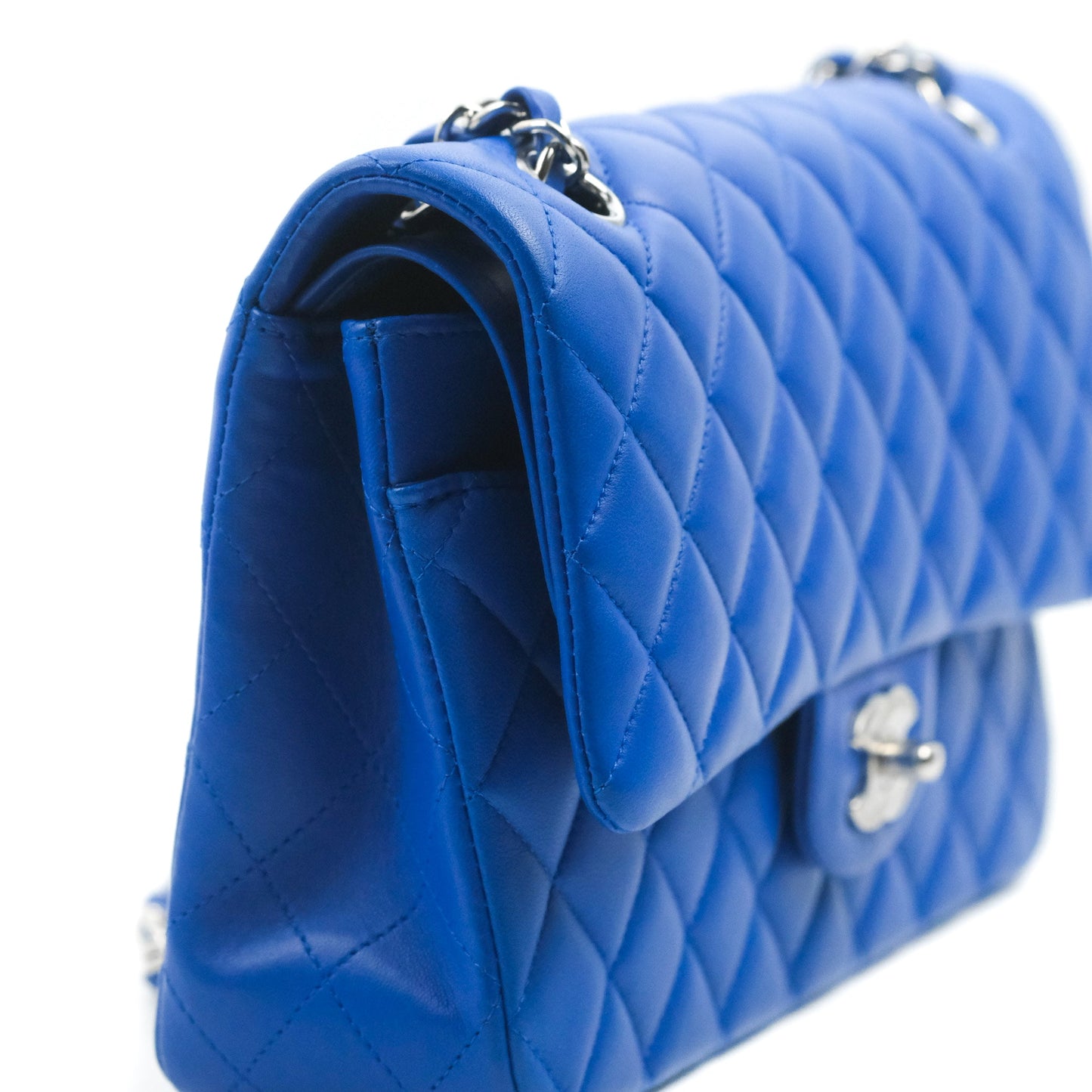 Chanel Classic M/L Medium Flap Quilted Blue Lambskin Silver Hardware