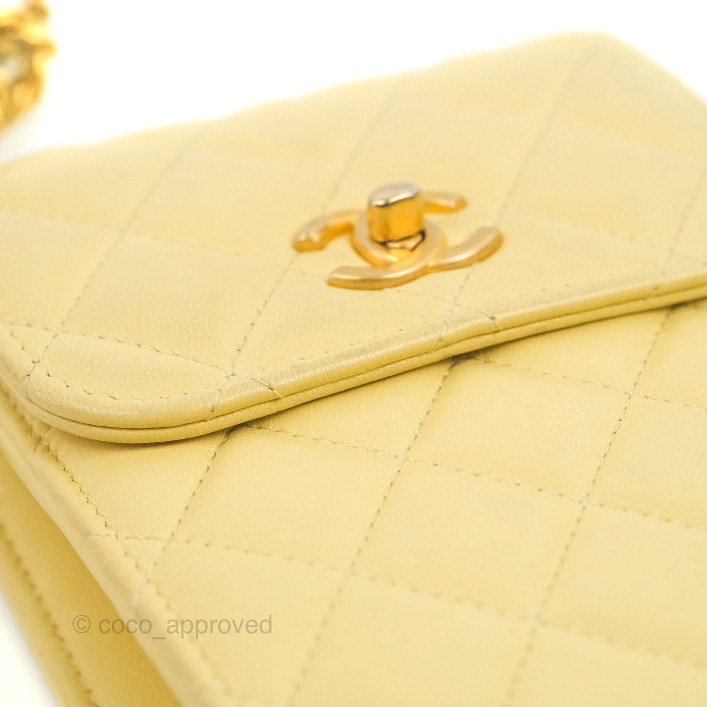 Chanel Quilted Pearl Crush Phone Holder With Chain Yellow Lambskin