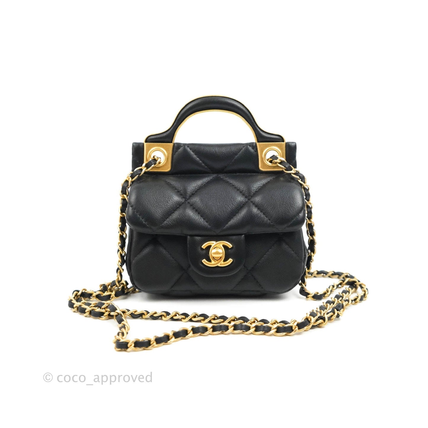 Chanel Quilted Lady Handle Flap Card Holder With Chain Black Calfskin Gold Hardware