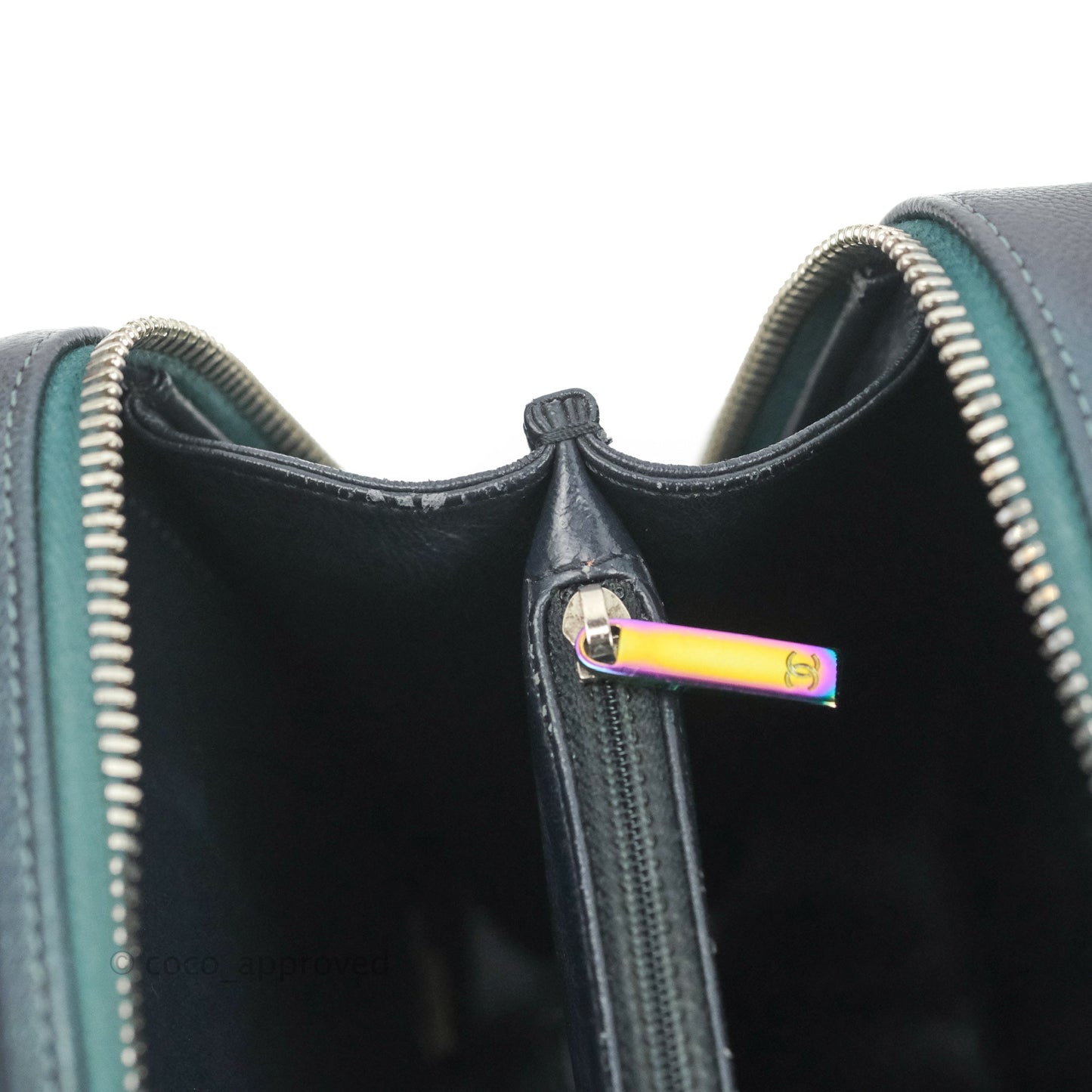 Chanel Quilted Medium CC Filigree Vanity Case Iridescent Dark Turquoise Caviar Rainbow Hardware