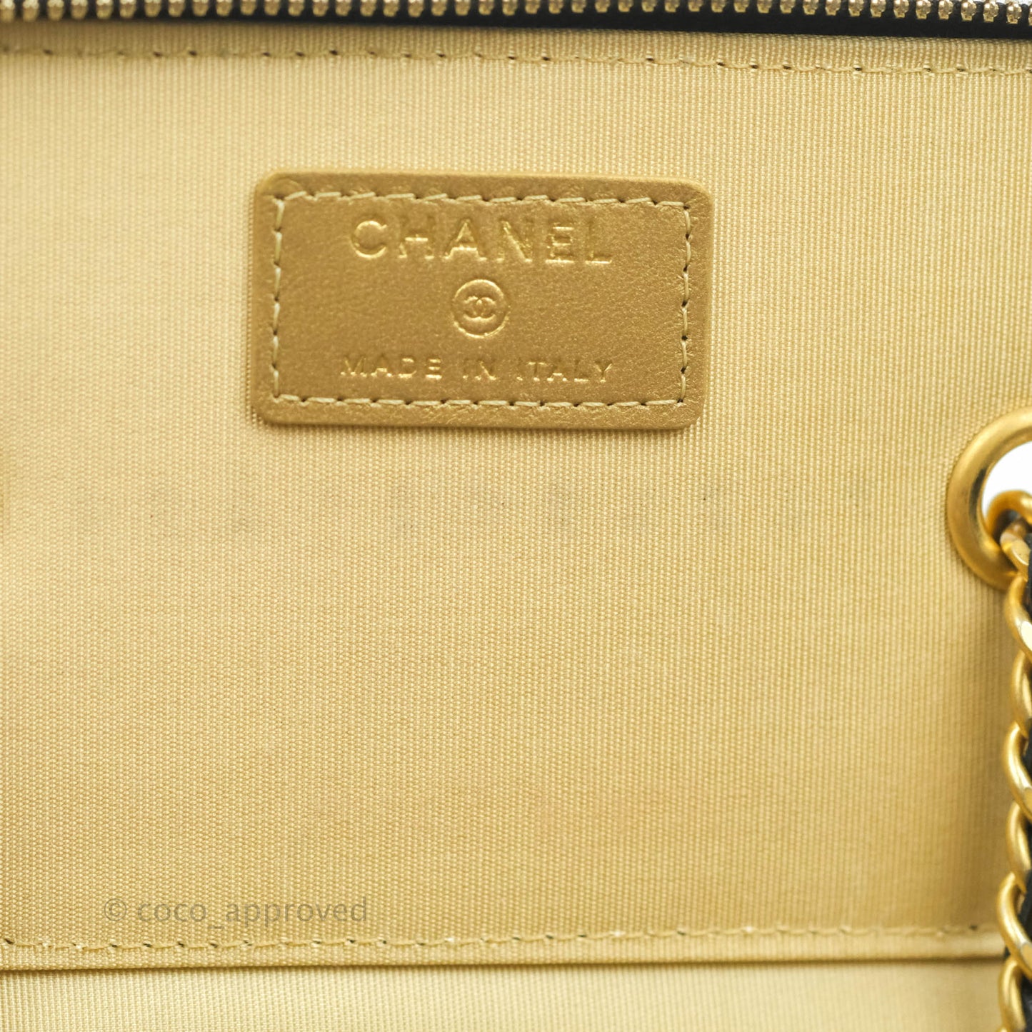 Chanel Vanity with Pearl Crush Chain in Black Lambskin Aged Gold Hardware