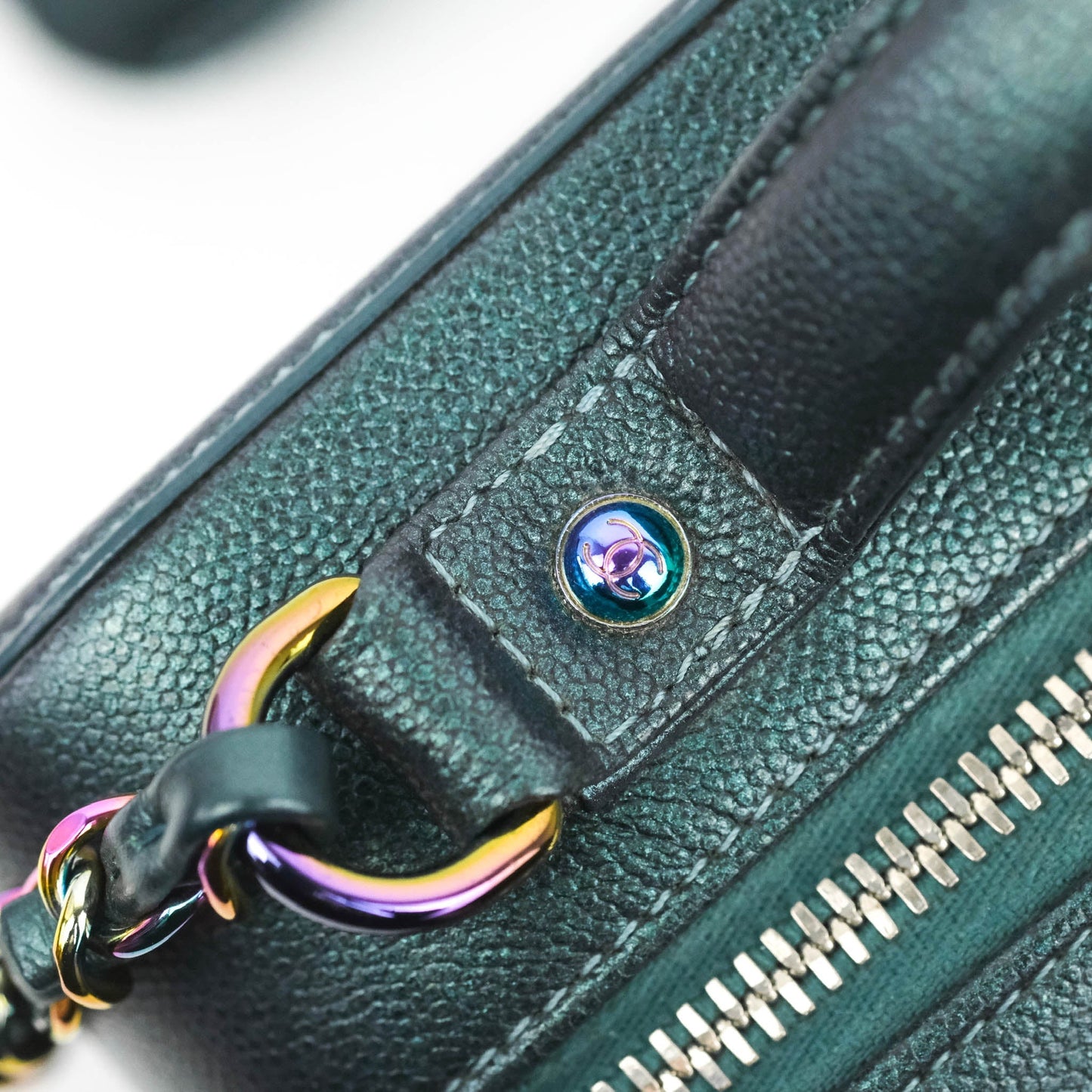 Chanel Quilted Medium CC Filigree Vanity Case Iridescent Dark Turquoise Caviar Rainbow Hardware