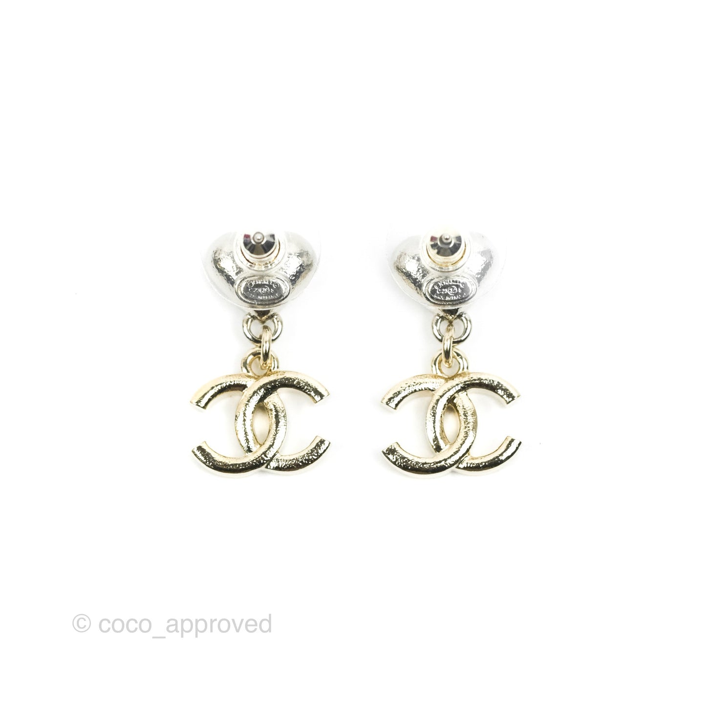 Chanel Crystal Heart CC Drop Earrings Silver Tone 23S