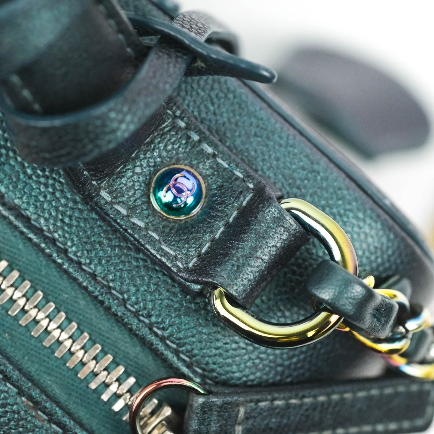 Chanel Quilted Medium CC Filigree Vanity Case Iridescent Dark Turquoise Caviar Rainbow Hardware