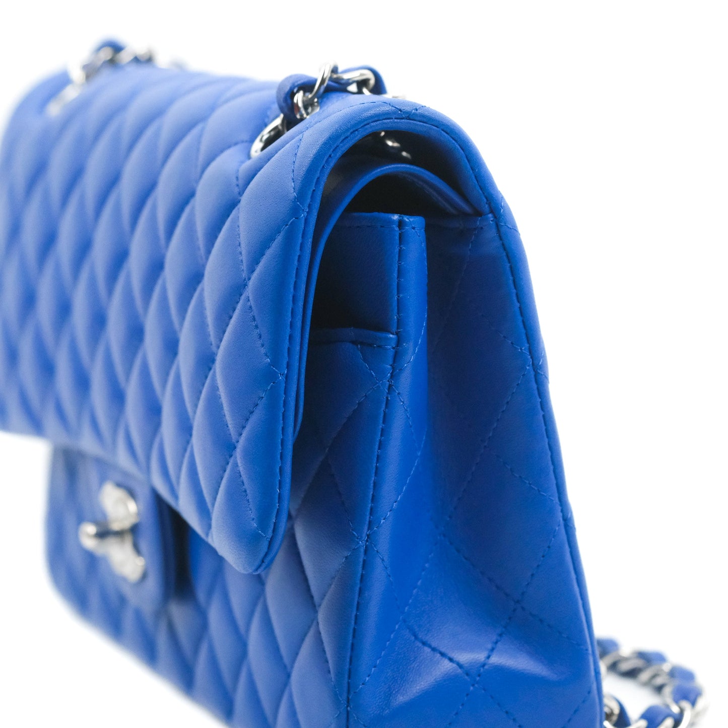 Chanel Classic M/L Medium Flap Quilted Blue Lambskin Silver Hardware