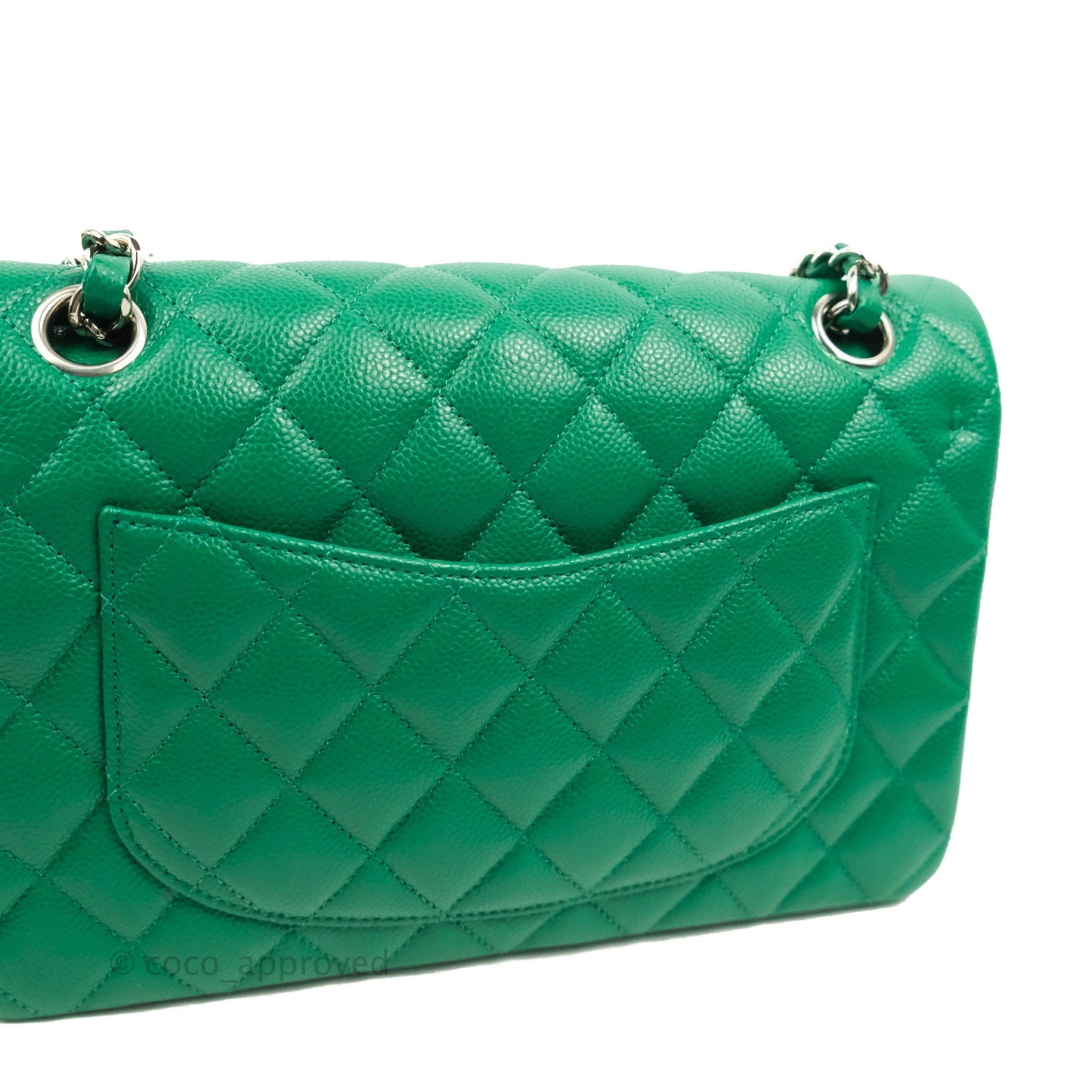Chanel Small Classic Quilted Flap Green Caviar Silver Hardware 20B