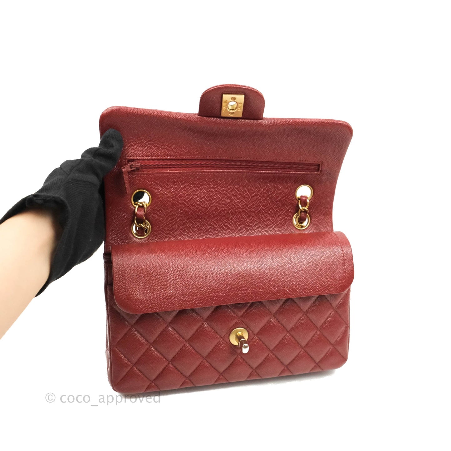 Chanel Small Classic Quilted Flap Iridescent Burgundy Caviar Aged Gold Hardware 18C