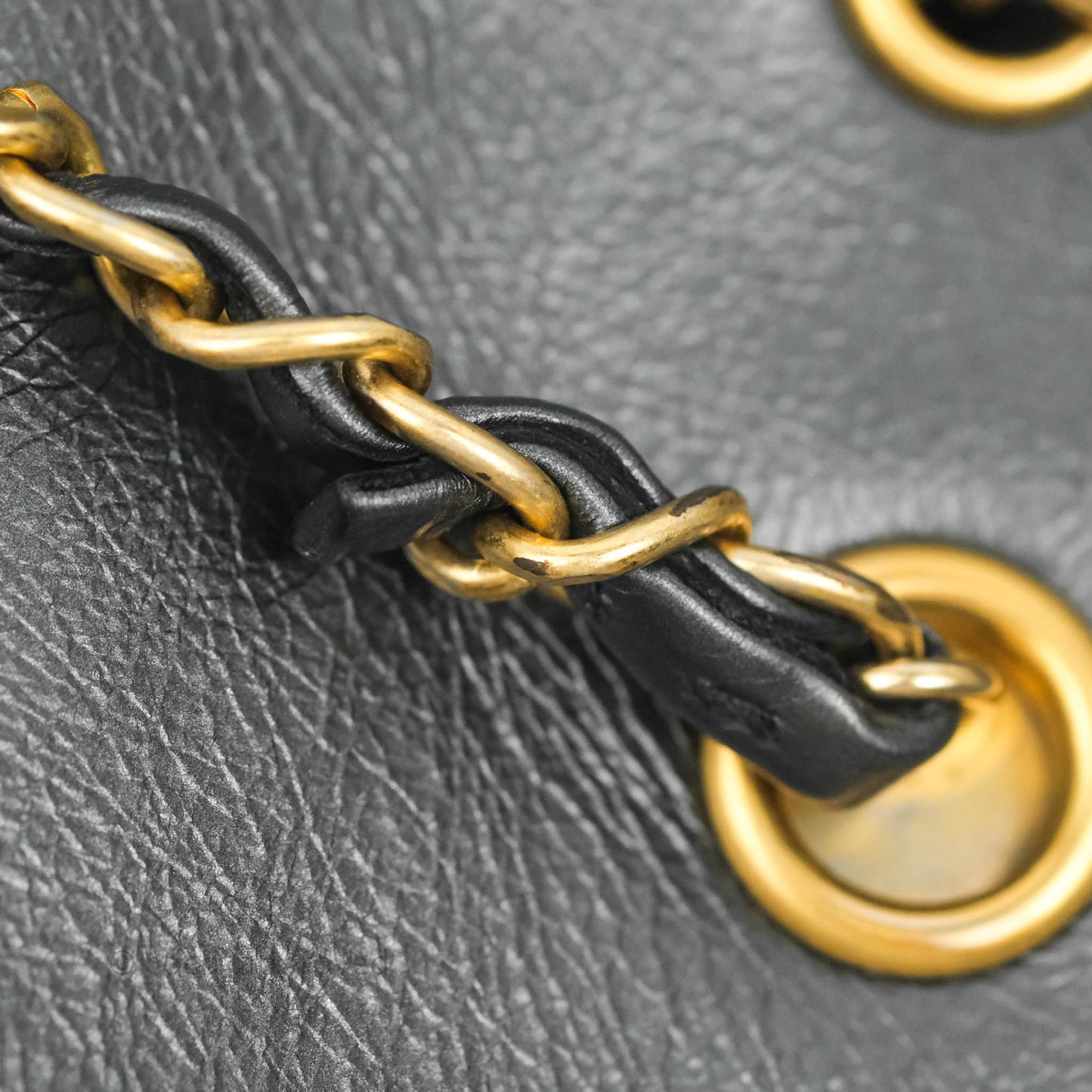 Chanel Quilted Drawstring Shopping Tote Bag Metallic Dark Grey Aged Calfskin Aged Gold Hardware