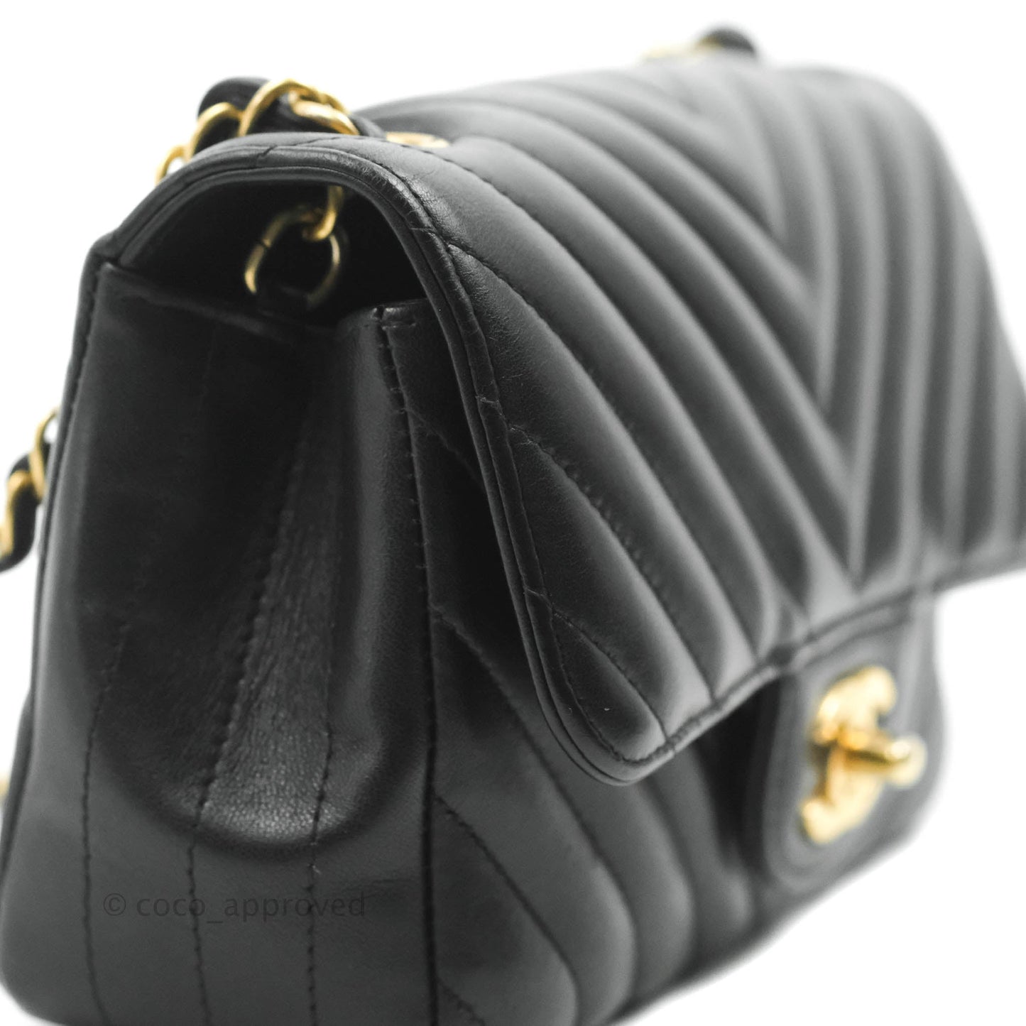 Chanel Chevron Mini Rectangular Flap Black Lambskin Aged Gold Hardware