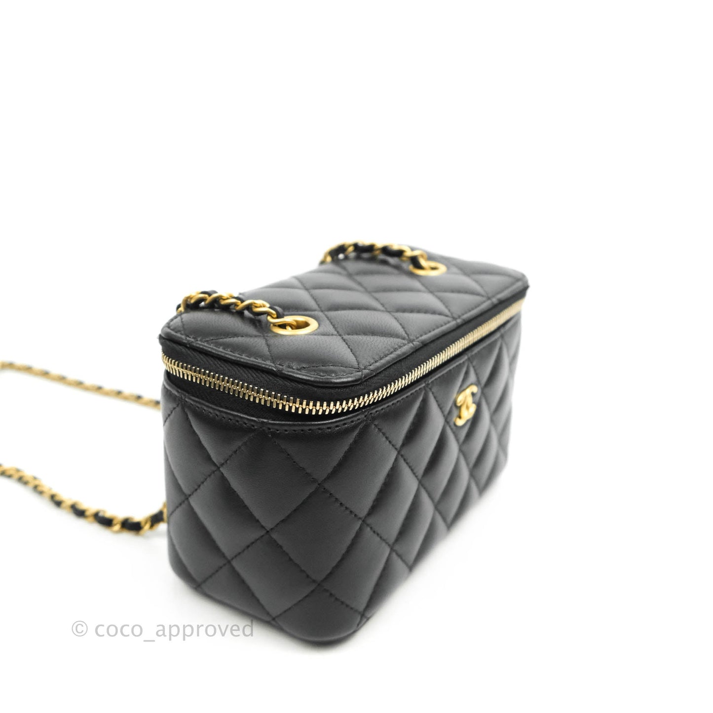 Chanel Vanity with Pearl Crush Chain in Black Lambskin Aged Gold Hardware