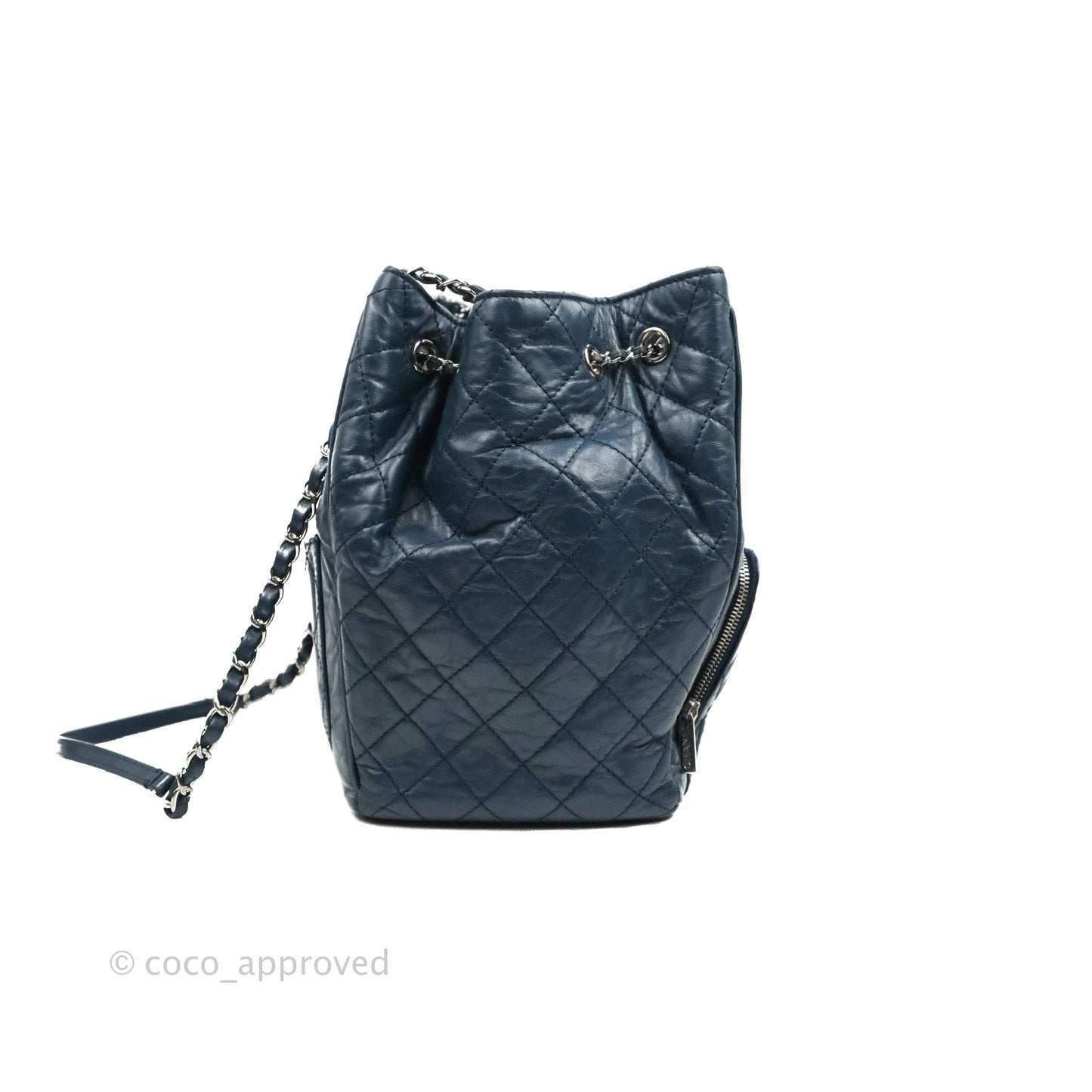 Chanel Drawstring Bucket Bag Dark Blue Aged Calfskin Silver Hardware