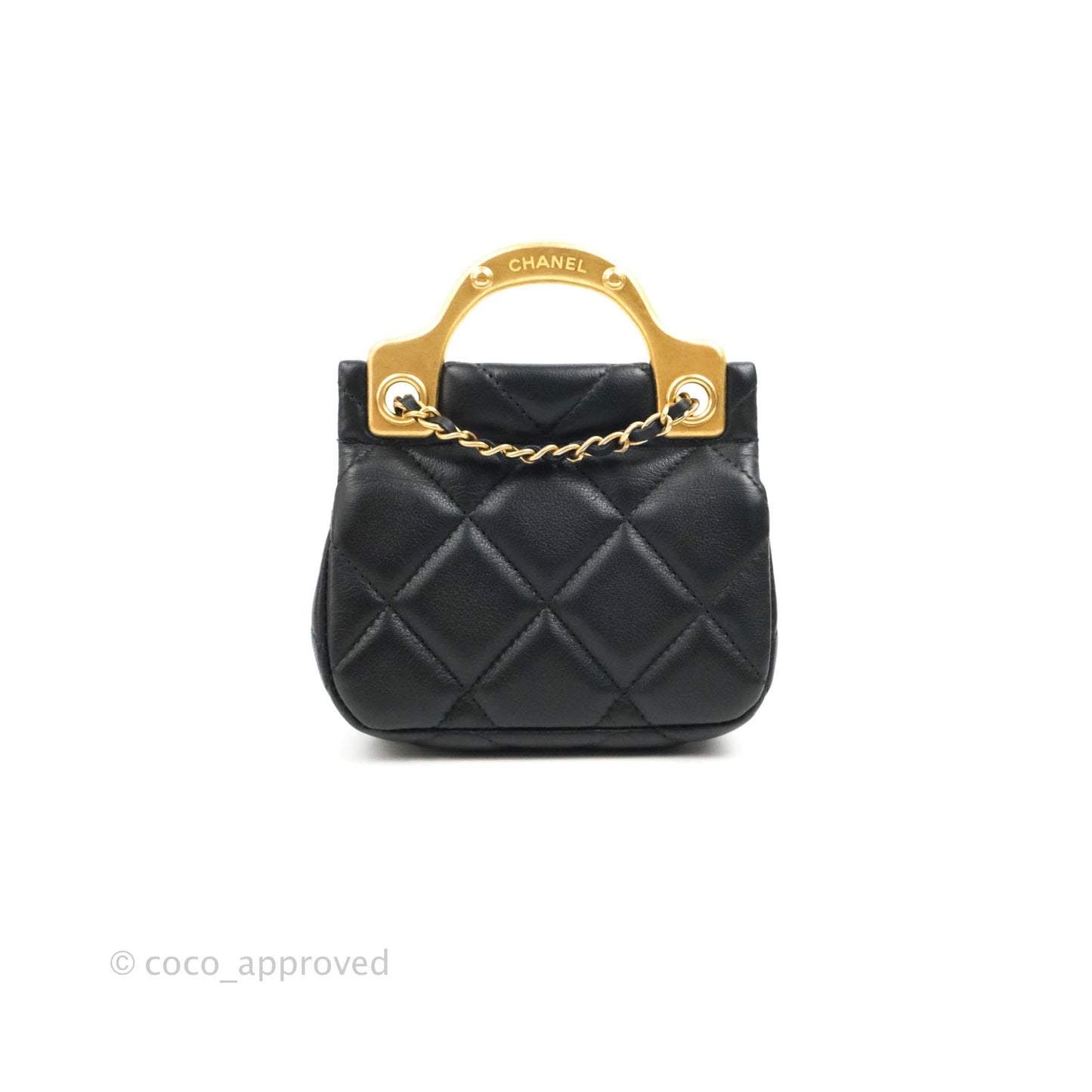 Chanel Quilted Lady Handle Flap Card Holder With Chain Black Calfskin Gold Hardware