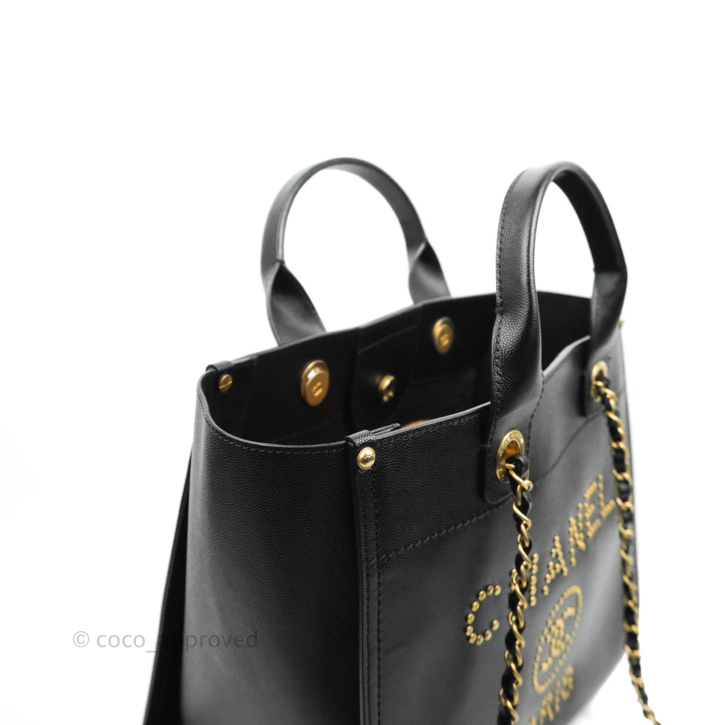 Chanel Small Studded Deauville Tote Black Caviar Gold Hardware