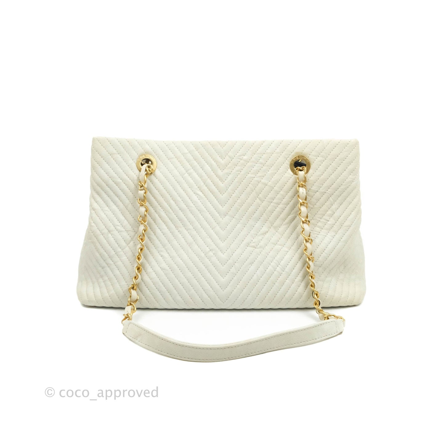 Chanel Chevron Surpique Tote White Crumpled Calfskin Aged Gold Hardware