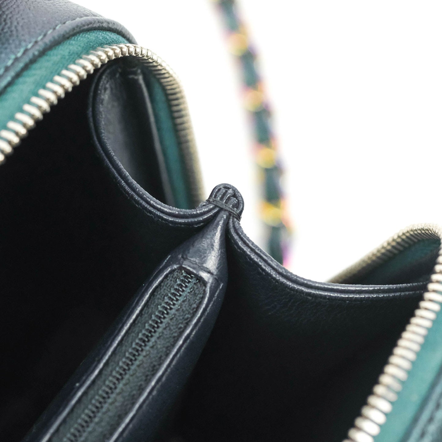 Chanel Quilted Medium CC Filigree Vanity Case Iridescent Dark Turquoise Caviar Rainbow Hardware