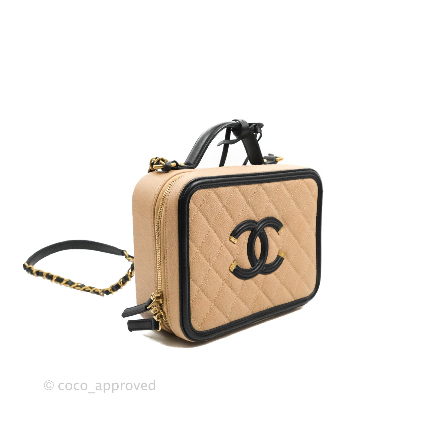 Chanel Quilted Medium CC Filigree Vanity Case Beige Caviar Aged Gold Hardware