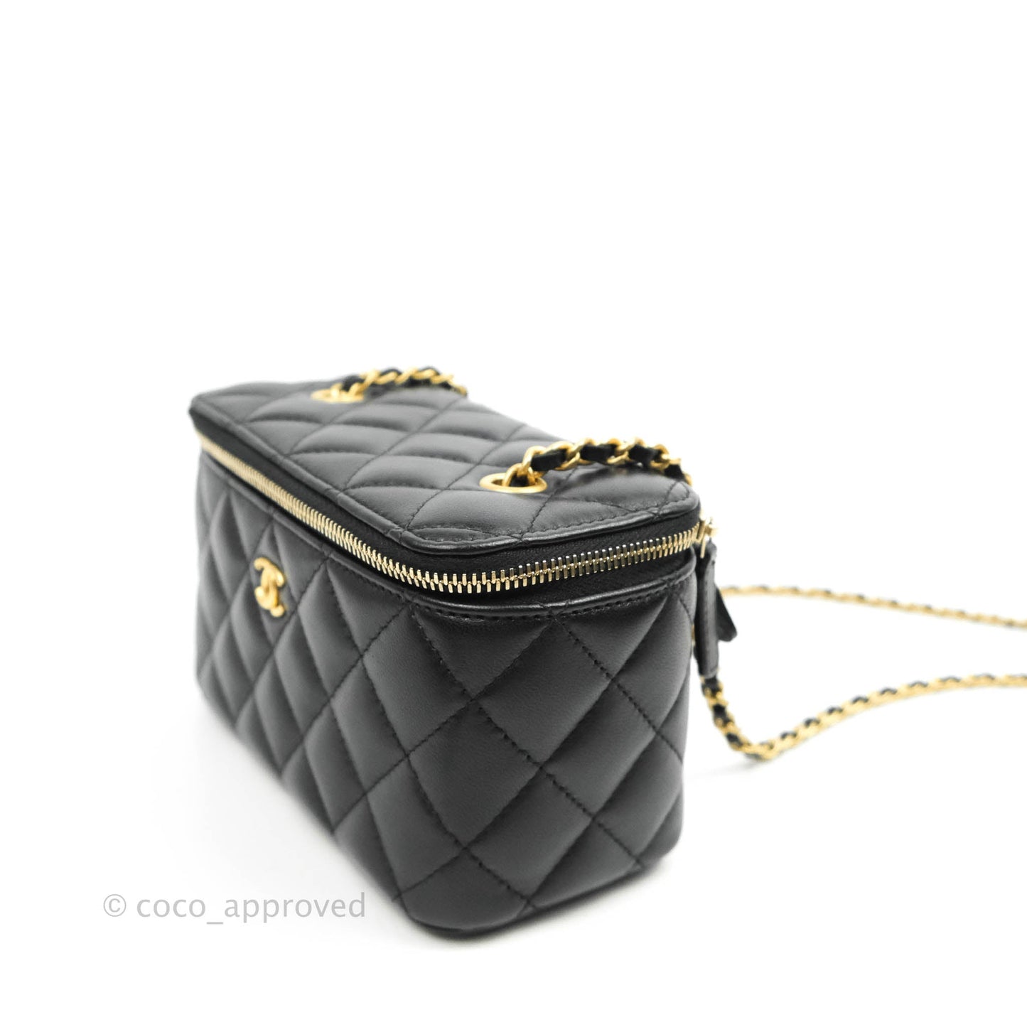 Chanel Vanity with Pearl Crush Chain in Black Lambskin Aged Gold Hardware