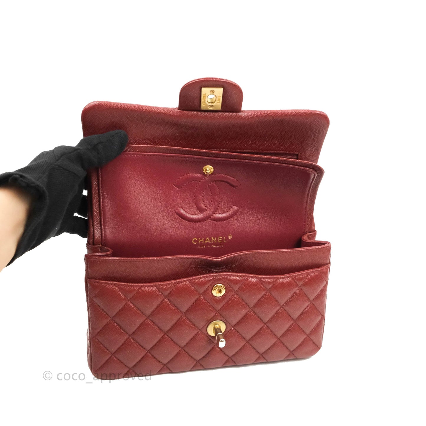 Chanel Small Classic Quilted Flap Iridescent Burgundy Caviar Aged Gold Hardware 18C
