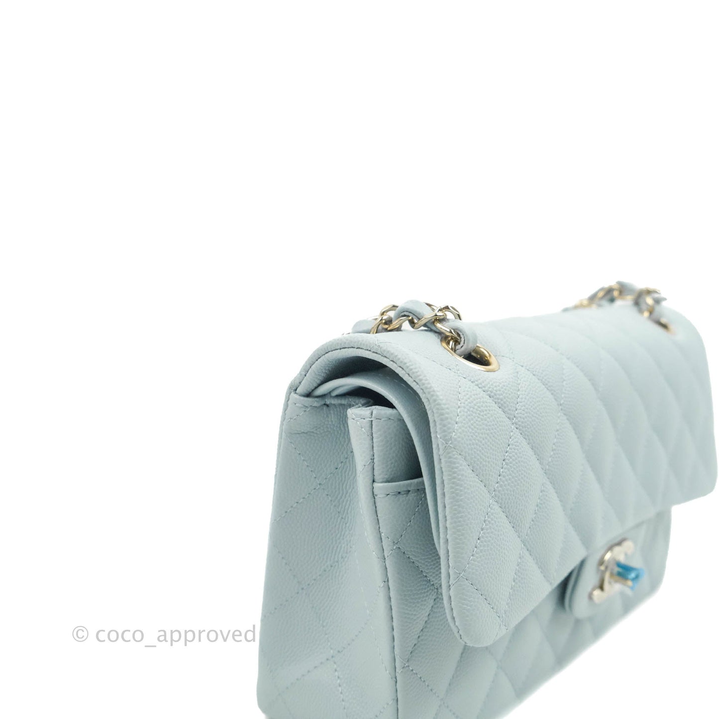 Chanel Small Classic Quilted Flap Light Blue Caviar Gold Hardware