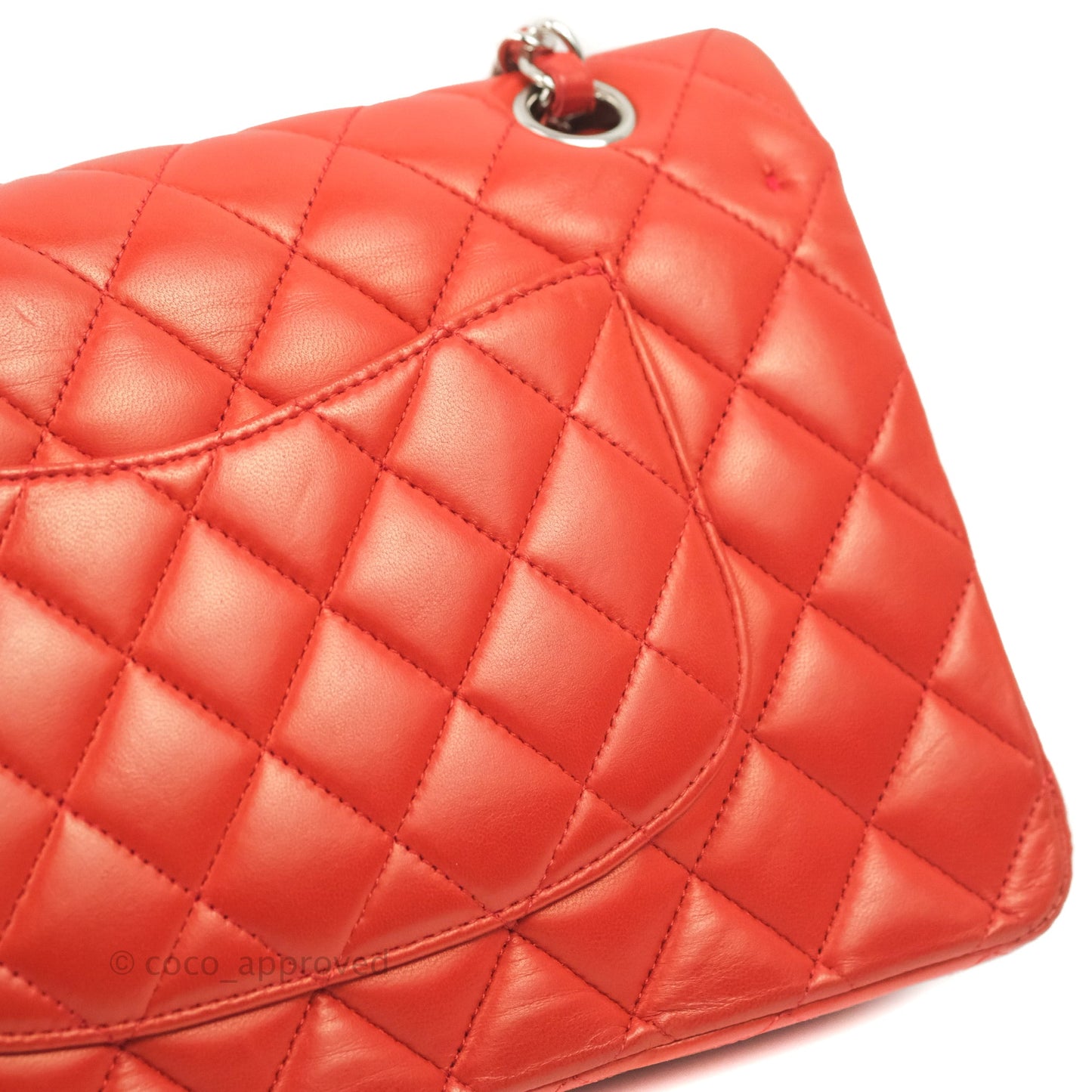 Chanel Classic M/L Medium Flap Quilted Poppy Red Lambskin Silver Hardware