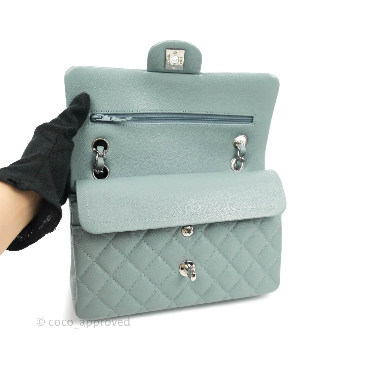 Chanel Small Classic Quilted Flap Light Blue Caviar Silver Hardware 20B