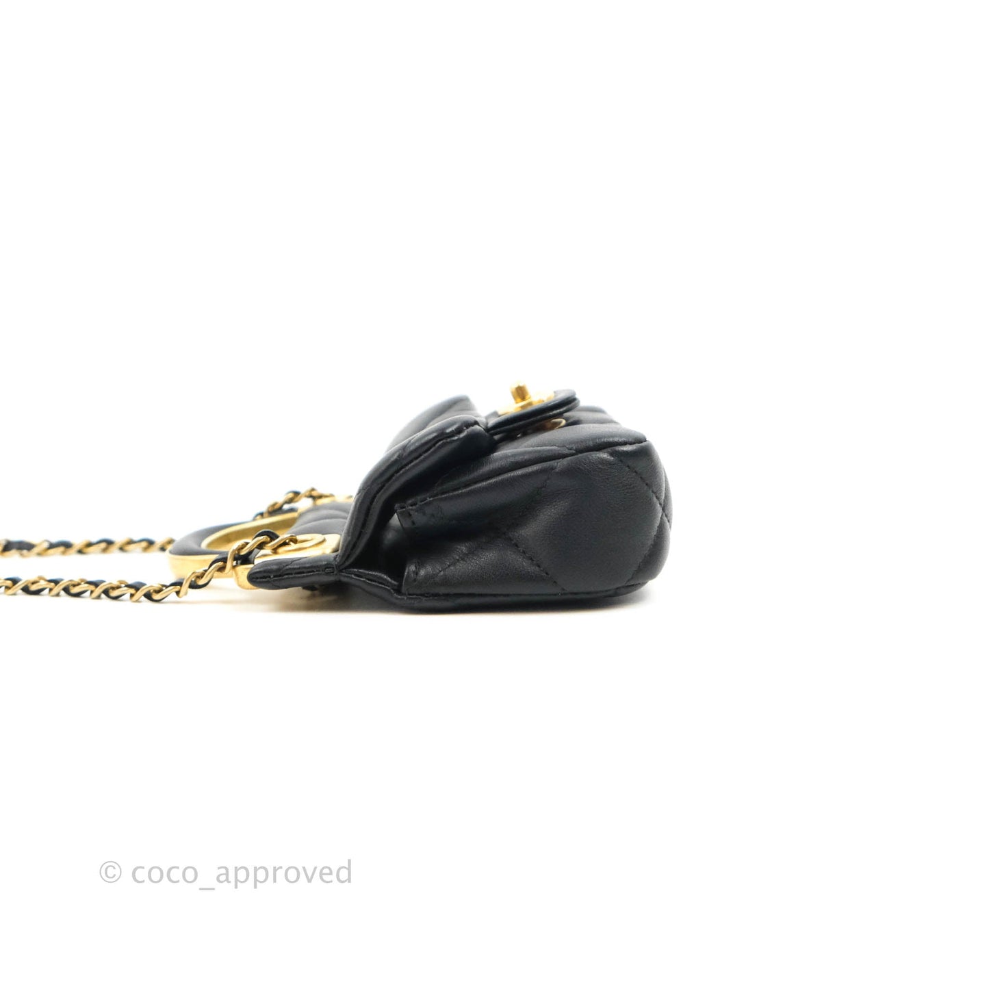 Chanel Quilted Lady Handle Flap Card Holder With Chain Black Calfskin Gold Hardware