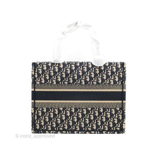 Christian Dior Medium (Old Small) Dior Navy Oblique Embroidery Canvas Book Tote
