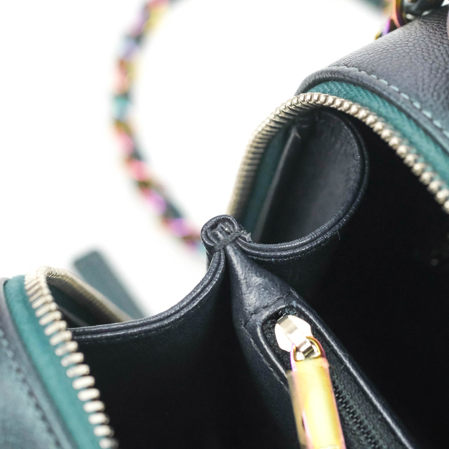 Chanel Quilted Medium CC Filigree Vanity Case Iridescent Dark Turquoise Caviar Rainbow Hardware