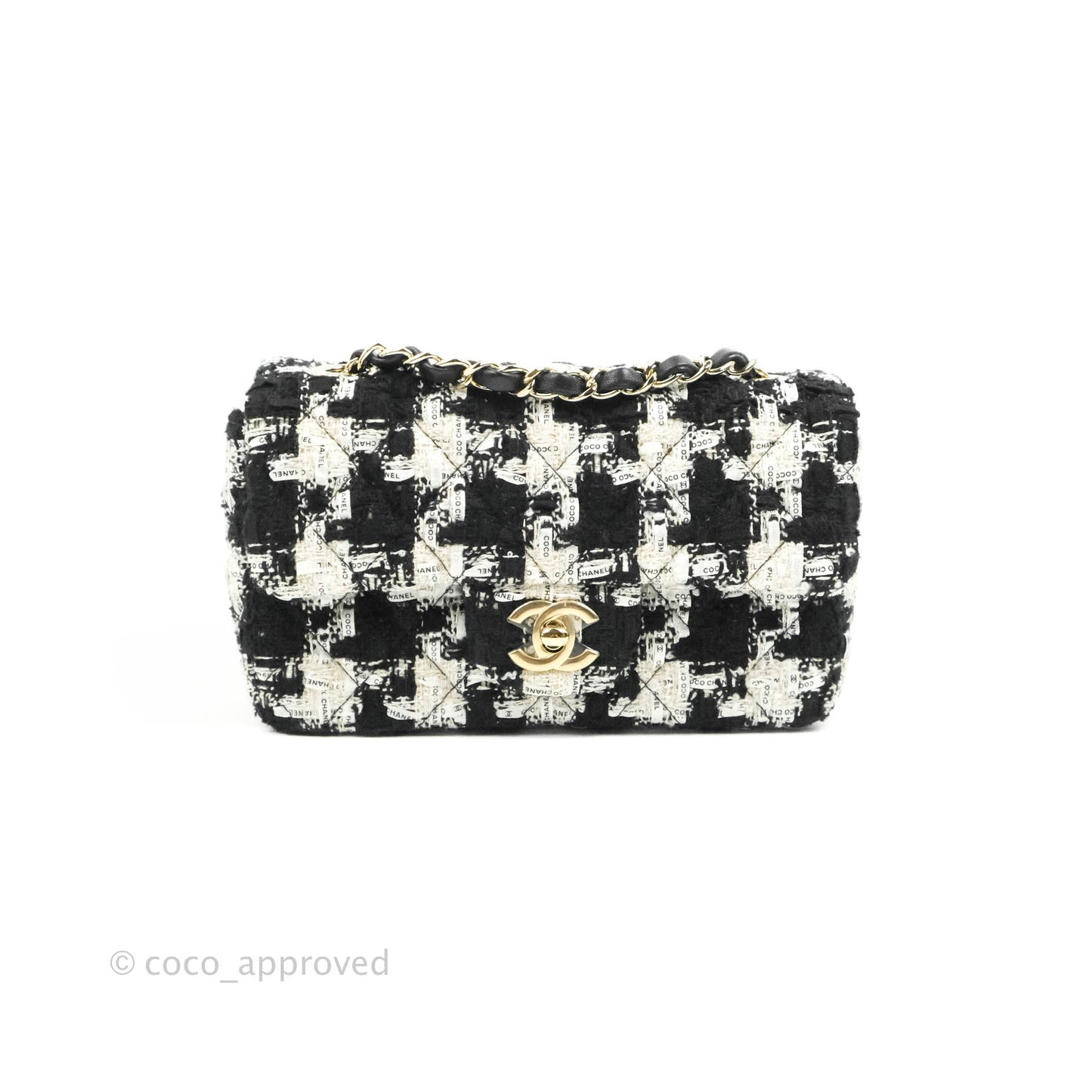 Chanel Quilted Mini Rectangular Flap Tweed Houndstooth Black & White Gold Hardware