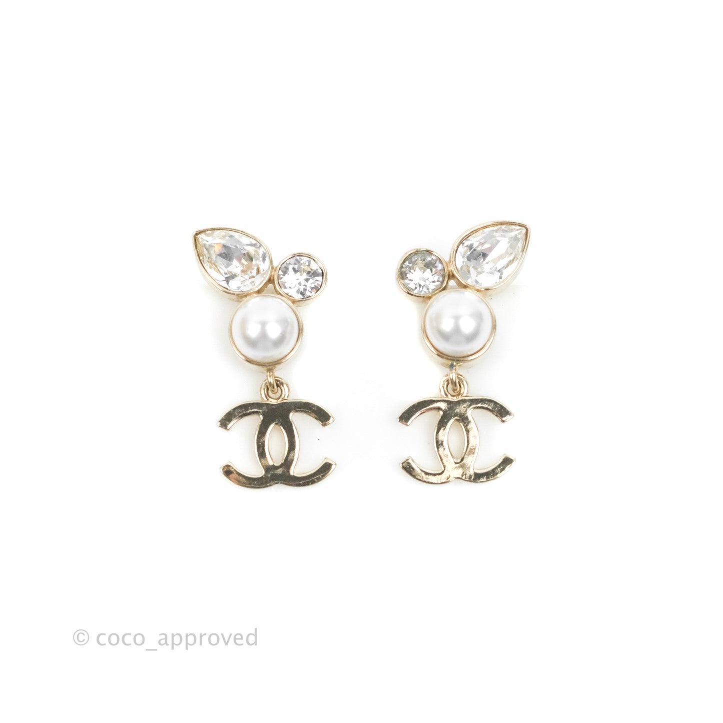 Chanel Crystal Pearl CC Drop Earrings Gold Tone 22C