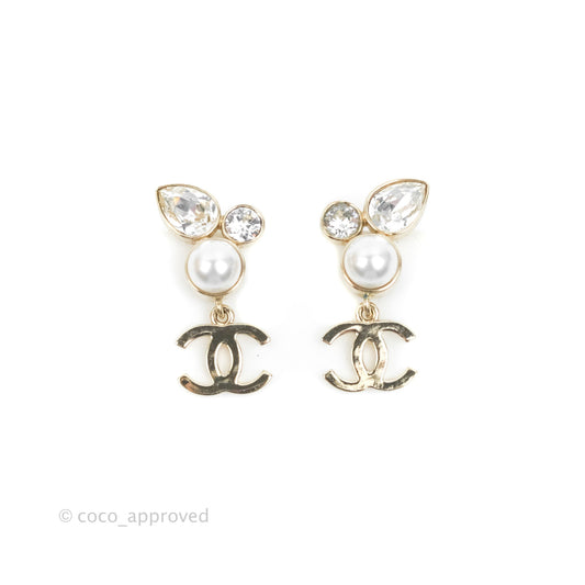 Chanel Crystal Pearl CC Drop Earrings Gold Tone 22C