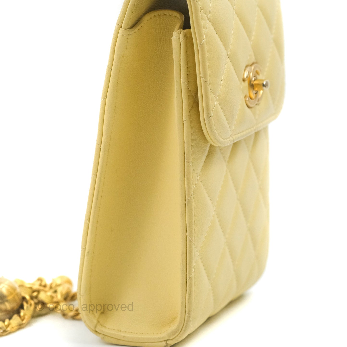 Chanel Quilted Pearl Crush Phone Holder With Chain Yellow Lambskin