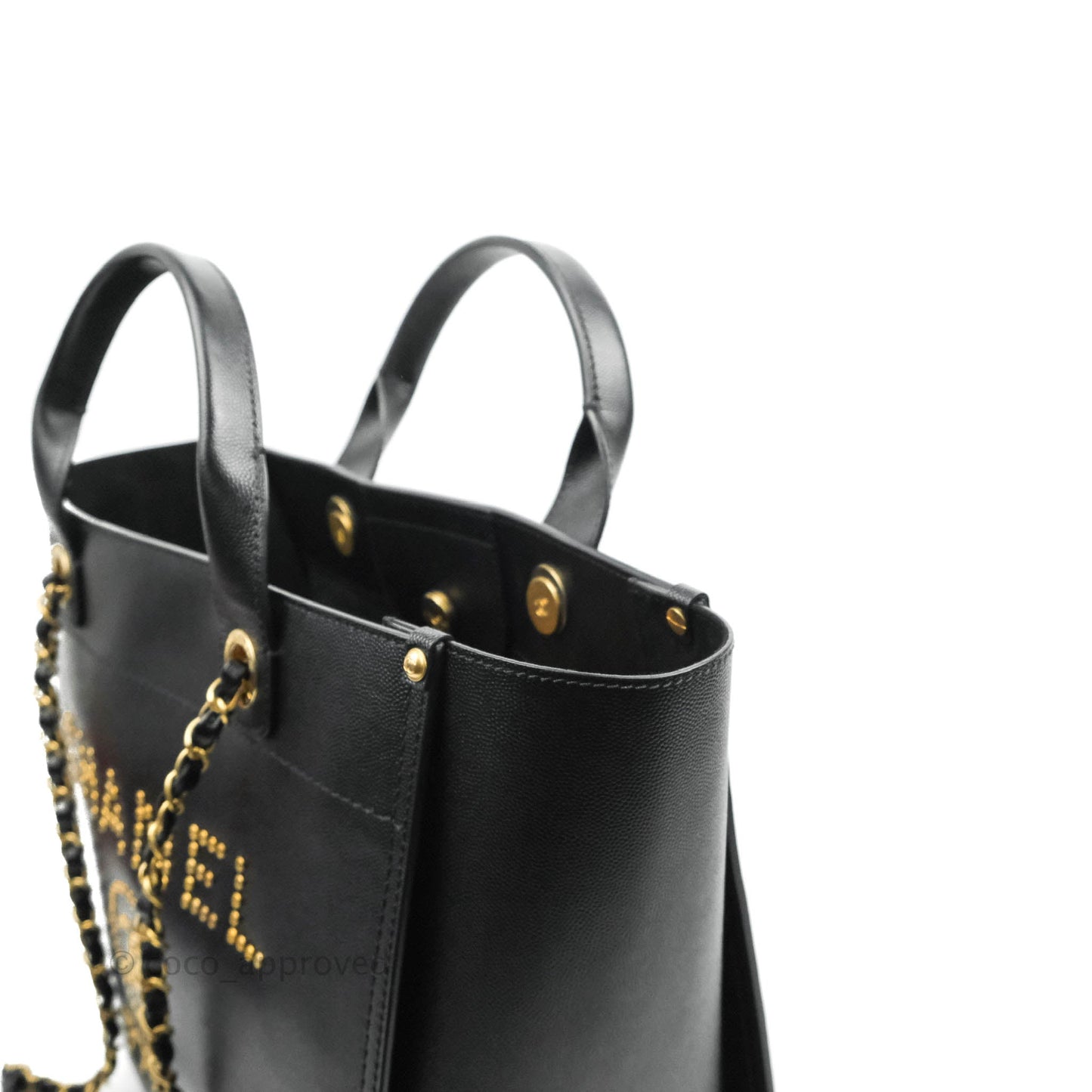 Chanel Small Studded Deauville Tote Black Caviar Gold Hardware