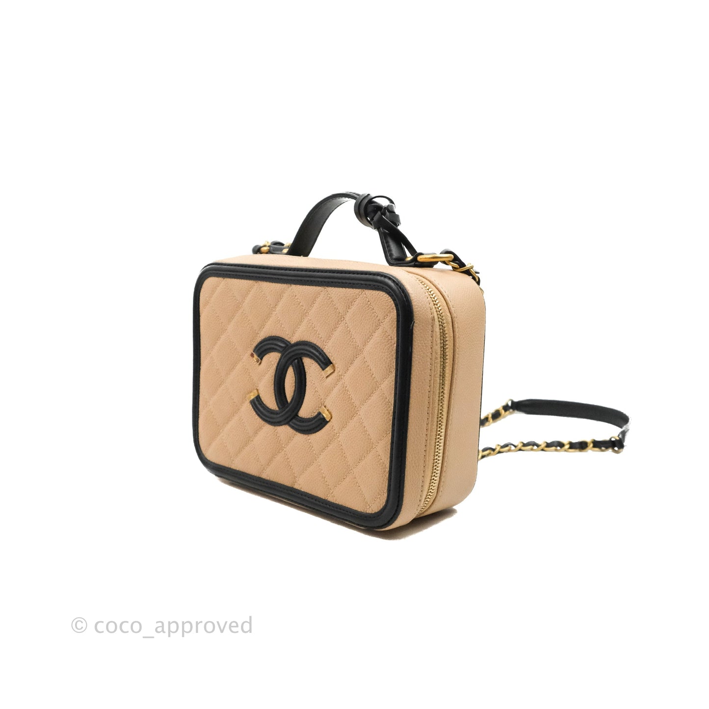 Chanel Quilted Medium CC Filigree Vanity Case Beige Caviar Aged Gold Hardware
