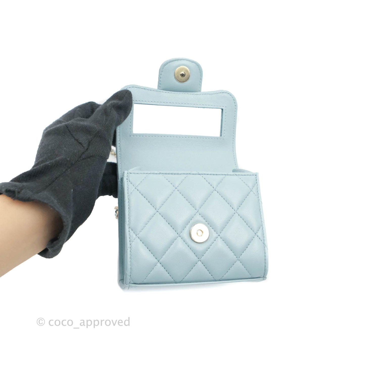 Chanel Mini Handle Clutch With Chain Blue Lambskin Gold Hardware 22P