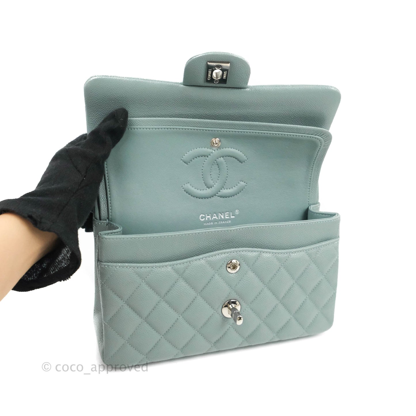 Chanel Small Classic Quilted Flap Light Blue Caviar Silver Hardware 20B