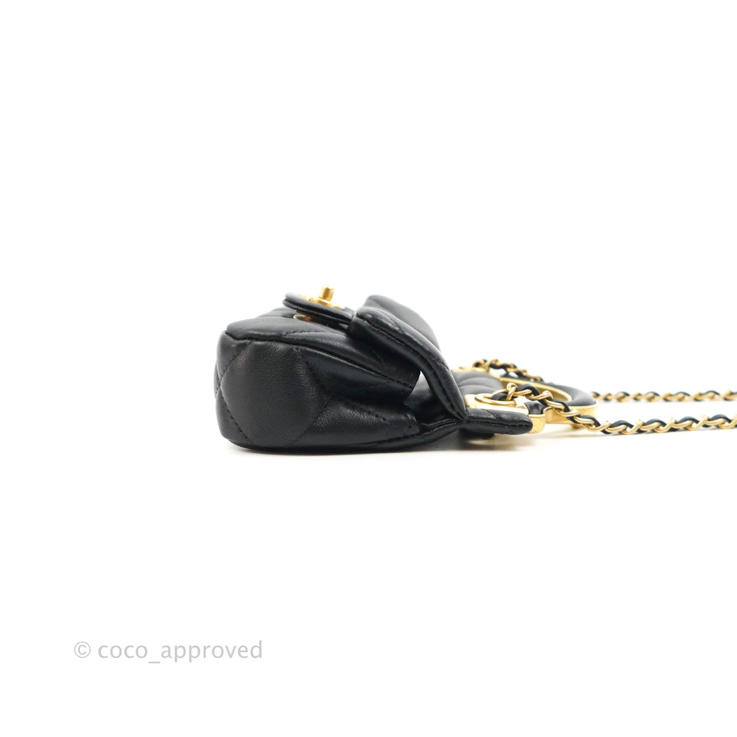 Chanel Quilted Lady Handle Flap Card Holder With Chain Black Calfskin Gold Hardware